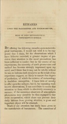 Remarks Upon The Barometer And Thermometer, And The Mode Of Using Meteorological Instruments In General.