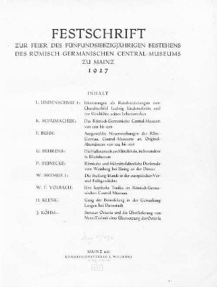 Festschrift zur Feier des fünfundsiebzigjährigen Bestehens des Römisch-Germanischen Central-Museums zu Mainz 1927