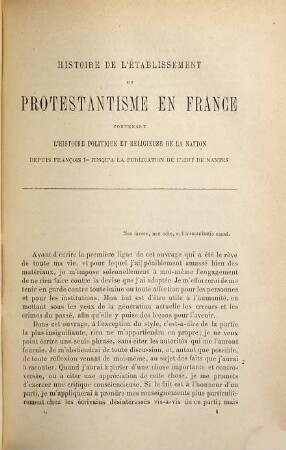 Histoire de l'établissement du Protestantisme en France, contenant l'histoire politique et religieuse de la nation depuis François Ier jusqu' à l'édit de Nantes, 1