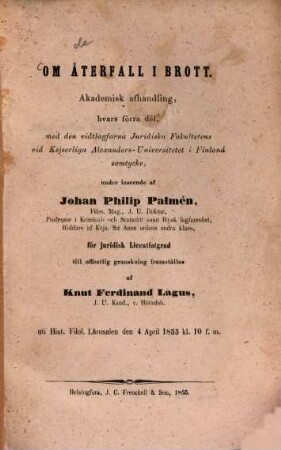 Om återfall i brott : Akad. Afhandling. (Über Rückfall bei Verbrechen). (Diss.-inaug.)