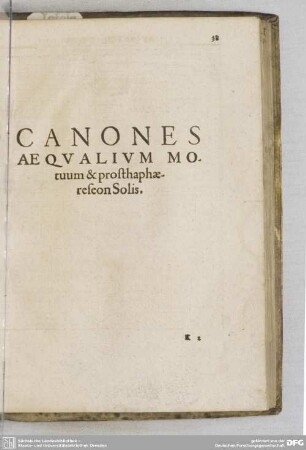 CANONES AEQUALIUM MOTUUM & PROSTHAPHAERESEON SOLIS.