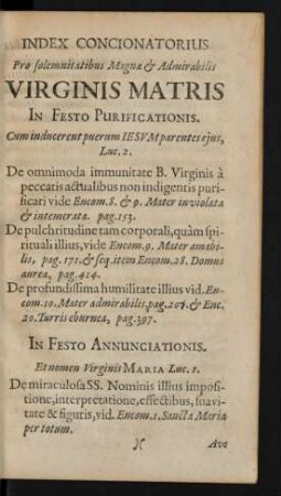 Index Concionatorius Pro solemnitatibus Magnae & Admirabilis Virginis Matris