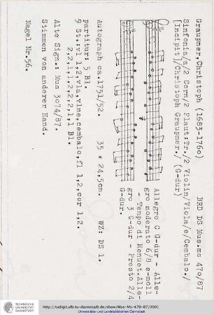 Sinfonia / a / 2 Corn / 2 Flaut: Tr. / 2 Violin / Viola / e / Cembalo. / [Incipit] / Christoph Graupner.
