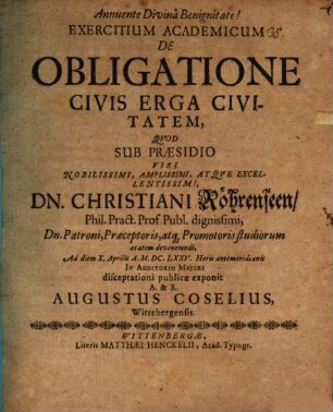 Exercitium academicum de obligatione civis erga civitatem
