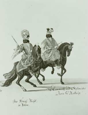 Ausschnitt: Der König und Stallmeister Baron Racknitz : Polen, Warschau, Kopfrennen, Pferd, Sattel- und Zaumzeug, Gouache