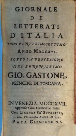 Giornale de'letterati d'Italia. 27, 27. 1716