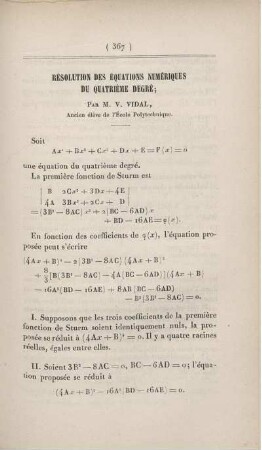 Résolution des équations numériques du quatrième degré.