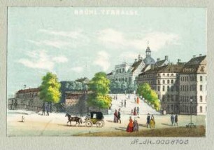 Ansicht der Brühlschen Terrasse, Lithografie, um 1840 : Brühl. Terrasse. [S.l.], [um 1840]. - 1 Kunstbl. : kol. Lithogr. ; 8,6 x 5,5 cm.