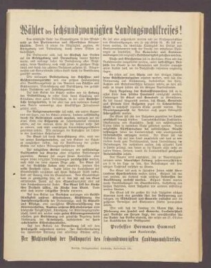Flugblatt: "Wähler des sechsundzwanzigsten Landtagswahlkreises!...Professor Hermann Hummel", Demokratische Volkspartei, Badische Verlagsdruckerei, Karlsruhe