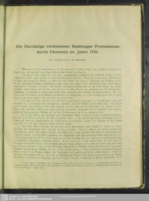Die Durchzüge vertriebener Salzburger Protestanten durch Chemnitz im Jahre 1732