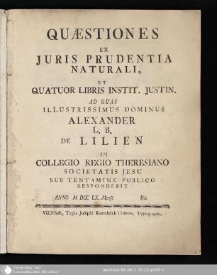 Quaestiones Ex Juris Prudentia Naturali Et Quatuor Libris Instit. Justin.