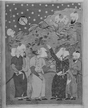 Muhammad spaltet den Mond, fol. 14b (Seite 74) : Muhammad spaltet den Mond, fol. 14b (Seite 74). Deckfarben; 55,2 x 41,5 cm . 1594/1700. Aus: Falnameh. Dresden: SLUB Mscr.Dresd.Eb.445