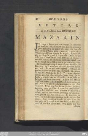 Lettre A Madame La Duchesse Mazarin.