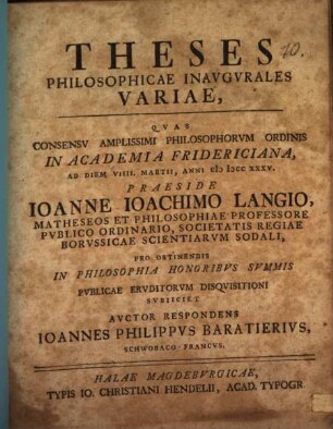 Theses Philosophicae Inavgvrales Variae