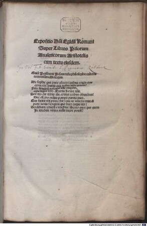Expositio super libros Priorum analyticorum Aristotelis cum textu : mit Gedicht von Guido Posthumus Sylvester. Mit Privileg