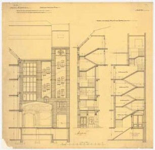 Warenhaus Wertheim, Leipziger Straße, Berlin 2. Bauabschnitt: Vorderes Treppenhaus: Ansicht, 2 Schnitte, 1:50