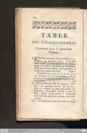 Table Des Eclaircissemens Contenus dans le quatriéme Volume.