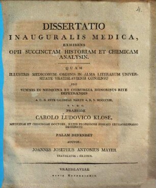 Dissertatio exhibens opii succinctam historiam et chemicam analysin