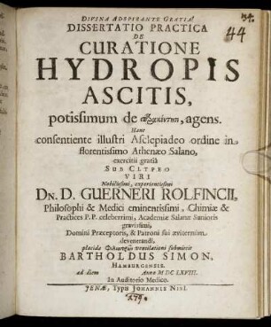 Dissertatio Practica De Curatione Hydropis Ascitis : potissimum de parakentēsi, agens