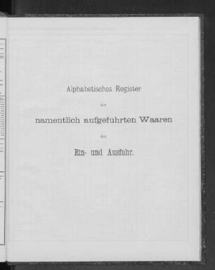 Alphabetisches Register der namentlich aufgeführten Waaren der Ein- und Ausfuhr.