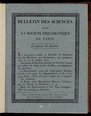 Bulletin Des Sciences, Par La Société Philomatique De Paris. Livraison de Janvier.