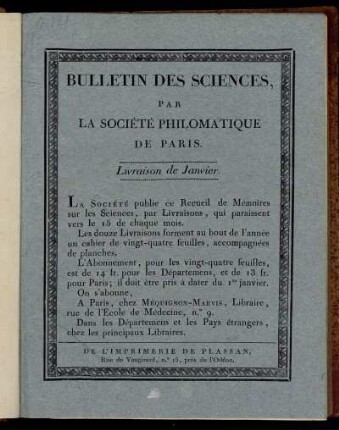 Bulletin Des Sciences, Par La Société Philomatique De Paris. Livraison de Janvier.