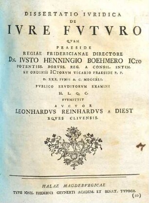 Dissertatio Ivridica De Ivre Fvtvro