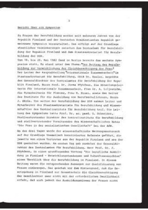 Bericht über das 6. Symposium "Der Beitrag der Berufsbildung zur Verwirklichung der Gleichberechtigung der Frau" in Finnland und der DDR vom 18.-20-5.1982 in Berlin