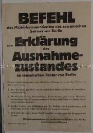 Maueranschlag mit dem Befehl über die Verhängung des Ausnahmezustandes in Berlin am 17. Juni 1953