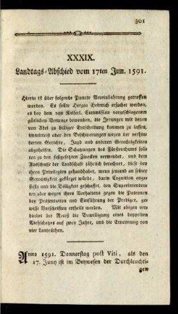 XXXIX. Landtags-Abschied vom 17ten Jun. 1591.