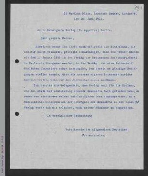 Brief von Helene Lange an den L. Oehmigke's Verlag