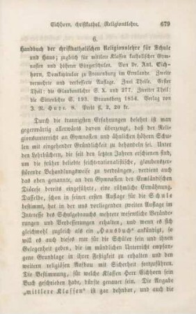 679-687 [Rezension] Eichhorn, Ant., Handbuch der christkatholischen Religionslehre für Schule und Haus