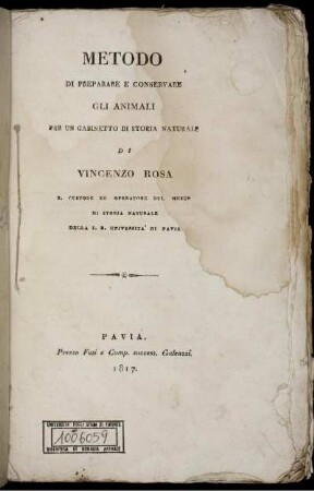 Metodo Di Preparare E Conservare Gli Animali Per Un Gabinetto Di Storia Naturale