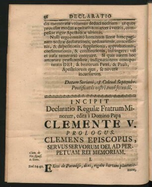 Incipit Declaratio Regulae Fratrum Minorum, edita à Domino Papa Clemente V.
