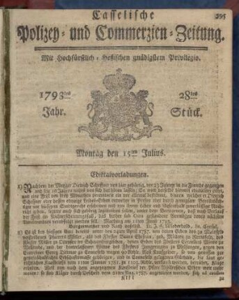 28tes Stueck, Montag den 15ten Julius 1793