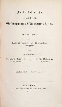Zeitschrift für vaterländische Geschichte und Altertumskunde. 37, 37 = Folge 4, Bd. 7. 1879