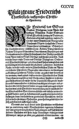 Pfaltzgraue Friederichs Churfürstliche/ auffgerichte/ Christliche Eheordnung