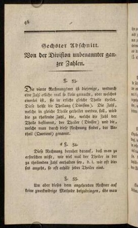 46-61, Sechster Abschnitt. Von der Division unbennater ganzer Zahlen, § 53 - 66