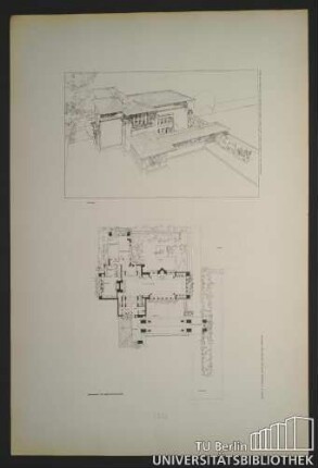 Tafel XXXIX. Wohnhaus im Vorort für Herrn Clark Peoria Illinois Perspektive und Grundriss.