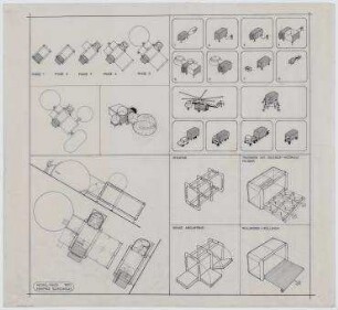 "Misawa Homes Prefabricated Housing International Design Competition 70", Mobilhaus (nicht realisiert), 4. Preis – Grundrisse, Perspektivansichten Entwicklungsphasen. Misawa/Japan