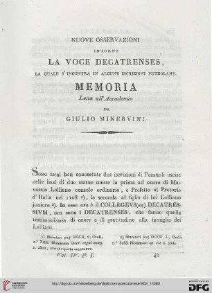 4: Nuove osservazioni intorno la voce Decatrenses, la quale s'incontra in alcune iscrizioni puteolane : memoria letta all'Accademia