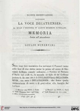 4: Nuove osservazioni intorno la voce Decatrenses, la quale s'incontra in alcune iscrizioni puteolane : memoria letta all'Accademia