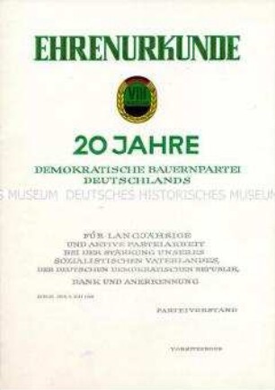 Ehrenurkunde "20 Jahre Demokratische Bauernpartei Deutschlands" (blanko)
