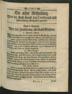 Die achte Abtheilung, Von der Koch-Kunst, den Confituren und Zubereitung allerhand Liqueurs.