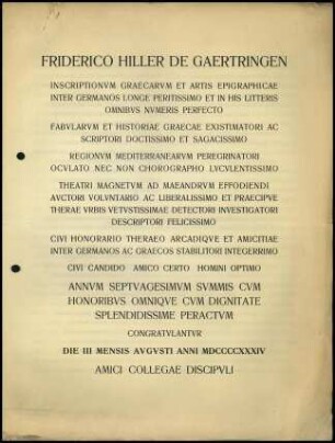 Glückwunschdiplom und tabula gratulatoria für F.H. von Gaertringen