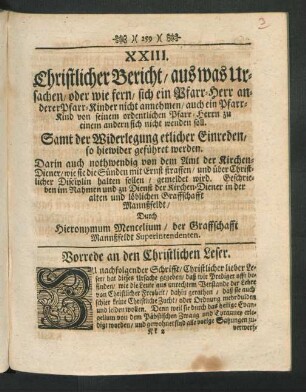XXIII. Christlicher Bericht / aus was Ursachen / oder wie fern, sich ein Pfarr-Herr anderer Pfarr-Kinder ...