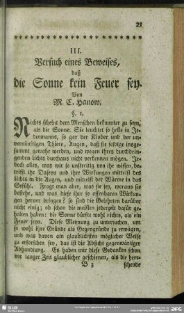 III. Versuch eines Beweises, daß die Sonne kein Feuer sey