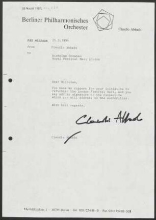 Brief an Nicholas Snowman an Royal Festival Hall (London), 25.05.1996
