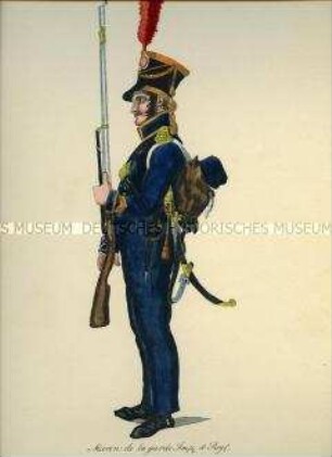 Uniformdarstellung, Soldat der Marine der Kaiserlichen Garde, Frankreich, 1810. Tafel 9 aus: Les Gardes Imperiales et Royales de l'Armée Française.