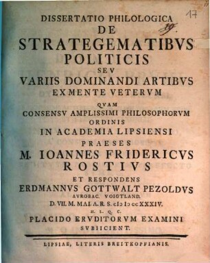 Diss. philol. de strategematibus politicis, seu variis dominandi artibus ex mente Veterum